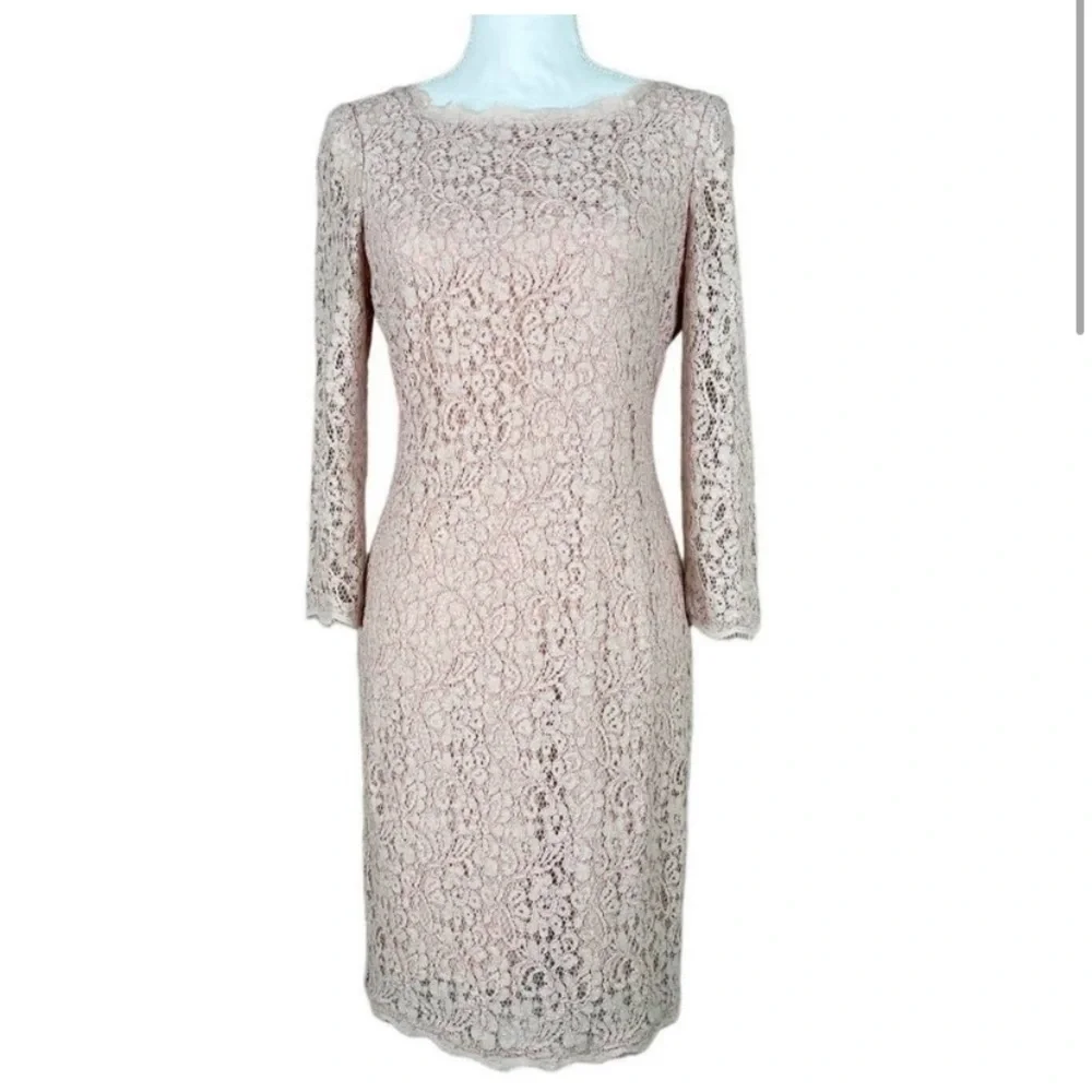 Adrianna Papell Evening Lace Dress with Exposed Back Zipper Pale Pink Size 6 - Picture 2 of 11